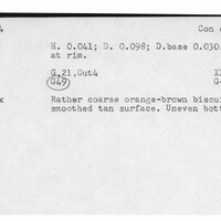 Index card with typed and handwritten information, sometimes including a sketch, of pottery from an excavation.