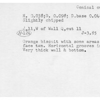 Index card with typed and handwritten information, sometimes including a sketch, of pottery from an excavation.