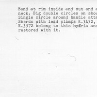 Index card with typed and handwritten information, sometimes including a sketch, of pottery from an excavation.