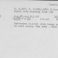 Index card with typed and handwritten information, sometimes including a sketch, of pottery from an excavation.