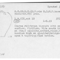 Index card with typed and handwritten information, sometimes including a sketch, of pottery from an excavation.