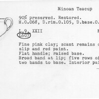 Index card with typed and handwritten information, sometimes including a sketch, of pottery from an excavation.