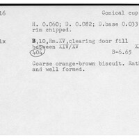 Index card with typed and handwritten information, sometimes including a sketch, of pottery from an excavation.
