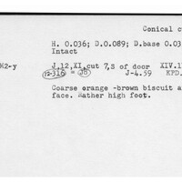 Index card with typed and handwritten information, sometimes including a sketch, of pottery from an excavation.