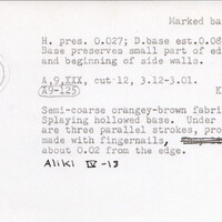 Index card with typed and handwritten information, sometimes including a sketch, of pottery from an excavation.