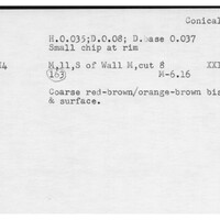 Index card with typed and handwritten information, sometimes including a sketch, of pottery from an excavation.