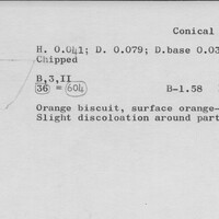 Index card with typed and handwritten information, sometimes including a sketch, of pottery from an excavation.