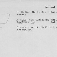 Index card with typed and handwritten information, sometimes including a sketch, of pottery from an excavation.