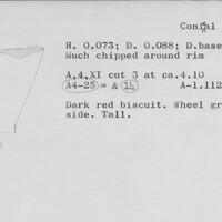 Index card with typed and handwritten information, sometimes including a sketch, of pottery from an excavation.