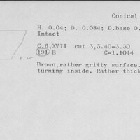 Index card with typed and handwritten information, sometimes including a sketch, of pottery from an excavation.