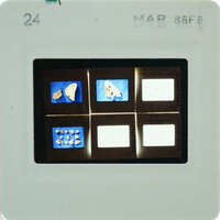 A small, rectangular film strip with four images of various objects.