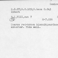 Index card with typed and handwritten information, sometimes including a sketch, of pottery from an excavation.