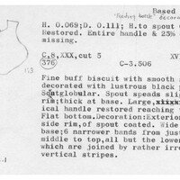 Index card with typed and handwritten information, sometimes including a sketch, of pottery from an excavation.