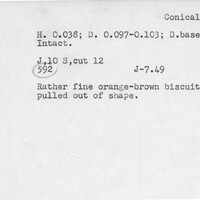 Index card with typed and handwritten information, sometimes including a sketch, of pottery from an excavation.