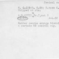 Index card with typed and handwritten information, sometimes including a sketch, of pottery from an excavation.