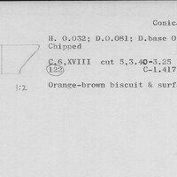 Index card with typed and handwritten information, sometimes including a sketch, of pottery from an excavation.