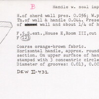 Index card with typed and handwritten information, sometimes including a sketch, of pottery from an excavation.