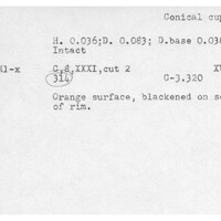 Index card with typed and handwritten information, sometimes including a sketch, of pottery from an excavation.