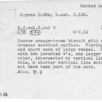 Index card with typed and handwritten information, sometimes including a sketch, of pottery from an excavation.