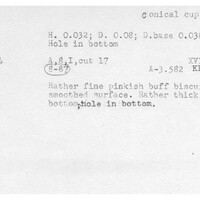 Index card with typed and handwritten information, sometimes including a sketch, of pottery from an excavation.