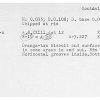 Index card with typed and handwritten information, sometimes including a sketch, of pottery from an excavation.