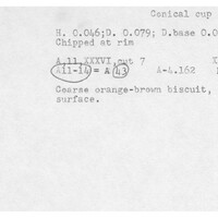 Index card with typed and handwritten information, sometimes including a sketch, of pottery from an excavation.