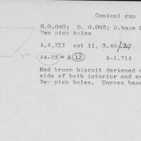 Index card with typed and handwritten information, sometimes including a sketch, of pottery from an excavation.