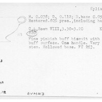 Index card with typed and handwritten information, sometimes including a sketch, of pottery from an excavation.