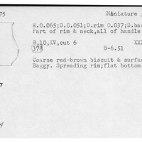 Index card with typed and handwritten information, sometimes including a sketch, of pottery from an excavation.