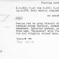 Index card with typed and handwritten information, sometimes including a sketch, of pottery from an excavation.