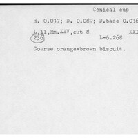 Index card with typed and handwritten information, sometimes including a sketch, of pottery from an excavation.