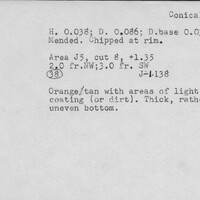 Index card with typed and handwritten information, sometimes including a sketch, of pottery from an excavation.