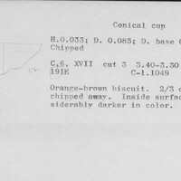 Index card with typed and handwritten information, sometimes including a sketch, of pottery from an excavation.