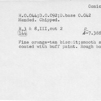 Index card with typed and handwritten information, sometimes including a sketch, of pottery from an excavation.