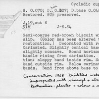 Index card with typed and handwritten information, sometimes including a sketch, of pottery from an excavation.
