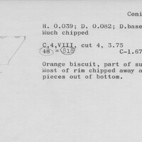 Index card with typed and handwritten information, sometimes including a sketch, of pottery from an excavation.