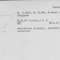 Index card with typed and handwritten information, sometimes including a sketch, of pottery from an excavation.