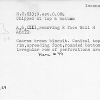 Index card with typed and handwritten information, sometimes including a sketch, of pottery from an excavation.