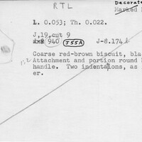 Index card with typed and handwritten information, sometimes including a sketch, of pottery from an excavation.