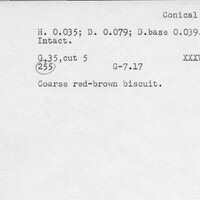 Index card with typed and handwritten information, sometimes including a sketch, of pottery from an excavation.