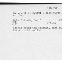 Index card with typed and handwritten information, sometimes including a sketch, of pottery from an excavation.