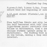 Index card with typed and handwritten information, sometimes including a sketch, of pottery from an excavation.