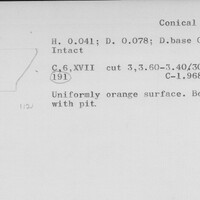Index card with typed and handwritten information, sometimes including a sketch, of pottery from an excavation.