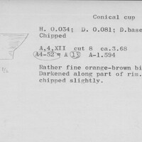 Index card with typed and handwritten information, sometimes including a sketch, of pottery from an excavation.