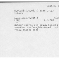Index card with typed and handwritten information, sometimes including a sketch, of pottery from an excavation.