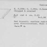 Index card with typed and handwritten information, sometimes including a sketch, of pottery from an excavation.