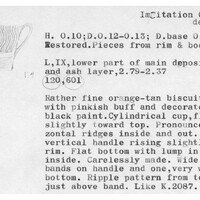 Index card with typed and handwritten information, sometimes including a sketch, of pottery from an excavation.