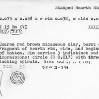 Index card with typed and handwritten information, sometimes including a sketch, of pottery from an excavation.
