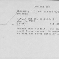 Index card with typed and handwritten information, sometimes including a sketch, of pottery from an excavation.