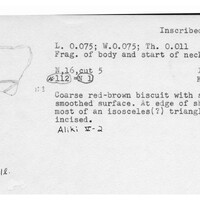 Index card with typed and handwritten information, sometimes including a sketch, of pottery from an excavation.